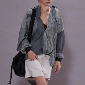 NWT R13 Oversized Cowboy Button Down Shirt - Multi Stripe Railroad Oversized